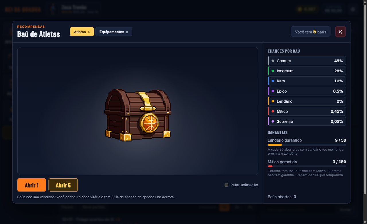 Tela do baú de atletas com as chances de cada raridade