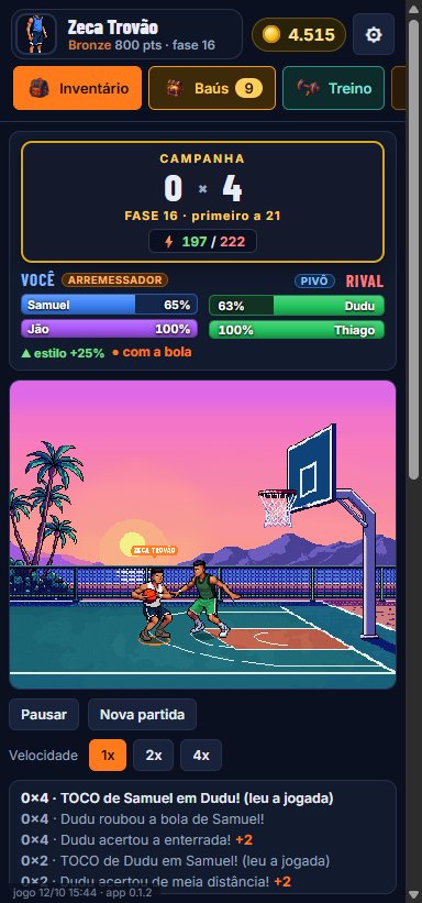 O jogo no celular, com a quadra e o placar