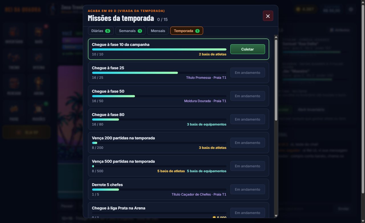 Missões da temporada com o progresso de cada meta