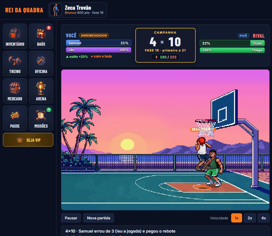 O jogo no PC: menu, placar da campanha e a quadra